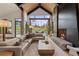 Bright living room with fireplace, high ceilings and scenic views to the outdoors at 444 Glen Eagle Loop, Breckenridge, CO 80424