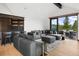 Comfortable living room showcasing a sectional sofa, bar, and sliding doors leading to the outside deck with mountain views at 444 Glen Eagle Loop, Breckenridge, CO 80424