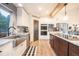 Modern kitchen with farmhouse-style sink, stainless steel appliances, and wood flooring at 4840 Limestone Rd, Monument, CO 80132