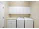 Well-lit laundry room features white cabinetry and modern front-loading washer and dryer at 7370 S Catawba Way, Aurora, CO 80016