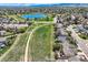 Expansive aerial view showcasing the neighborhood with a scenic lake and lush green spaces nearby at 5400 S Quail Way, Littleton, CO 80127