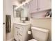 A well-lit bathroom features a vanity with storage, a mirrored cabinet, and modern fixtures at 5400 S Quail Way, Littleton, CO 80127