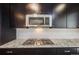 Close-up of a kitchen range with stainless steel microwave and granite countertops at 12677 Fisher Dr, Englewood, CO 80112