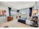 Bedroom with light blue walls, large windows, a comfortable bed, and a decorative mirror at 26764 E Canyon Ave, Aurora, CO 80016