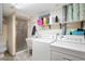 Well-equipped laundry room with modern washer, dryer, and ample storage shelving at 2886 S Acoma St, Englewood, CO 80110