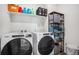 Efficient laundry room with modern washer and dryer, shelving, and ample storage at 1408 Brookfield Pl, Lafayette, CO 80026