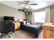 Cozy bedroom with a ceiling fan, a comfortable bed, and a well-lit workspace at 2305 Dogwood Cir, Erie, CO 80516