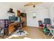 Finished shed interior currently used as office space with modern computer setup and decor at 36901 View Ridge Dr, Elizabeth, CO 80107