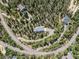 Aerial view showcasing the property's placement amidst a winding driveway and lush green forest at 6882 Snowshoe Trl, Evergreen, CO 80439