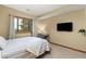 This is a bright bedroom with a bed, desk, TV, and a scenic window view at 6882 Snowshoe Trl, Evergreen, CO 80439