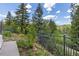 Backyard has a metal fence, various plants and shrubs, and a mountain view at 6882 Snowshoe Trl, Evergreen, CO 80439