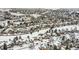 Panoramic aerial perspective of a snow-covered community showcasing residential architecture and winter scenery at 6366 Nassau Ct, Highlands Ranch, CO 80130