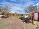 Spacious backyard featuring flowering trees, a small patio, a dog kennel, and shed at 6640 Grove St, Denver, CO 80221