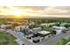 A vibrant cityscape featuring modern buildings, lush greenery, and a picturesque mountain backdrop with the sun setting at 920 Neon Forest Cir, Longmont, CO 80504