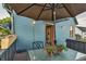 Charming outdoor patio with umbrella-covered table, potted flowers, and stylish exterior lighting at 920 Neon Forest Cir, Longmont, CO 80504