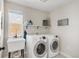 Well-equipped laundry room with modern washer, dryer, sink, and practical shelving for storage at 7678 S Old Hammer Way, Aurora, CO 80016