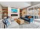 Stylish living room with a linear fireplace and large sliding glass doors to outside at 6269 S Coventry E Ln, Littleton, CO 80123