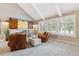 Cozy living area featuring vaulted ceiling, shuttered windows, and comfortable leather chairs at 6269 S Coventry E Ln, Littleton, CO 80123