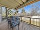 Covered wood deck with striped patio furniture and hanging planters at 6194 E Briarwood Cir, Centennial, CO 80112