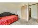 Comfortable bedroom featuring neutral carpet, closet, and a twin daybed with a bright orange coverlet at 664 Stampede Dr, Brighton, CO 80603