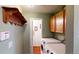 Functional laundry room with modern appliances, ample storage cabinets, and convenient access at 2160 Ance St, Strasburg, CO 80136