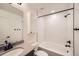 Modern bathroom with subway tile, tub, a shower, and a vanity with a gray countertop at 21701 E 50Th Dr, Aurora, CO 80019