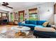 Spacious living room with hardwood floors, a stylish blue sofa, and plenty of natural light at 3145 W 31St Ave, Denver, CO 80211