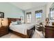 Bright bedroom with blue accent wall, featuring windows and natural light at 15788 Valentia St, Thornton, CO 80602