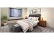 Beautiful staged bedroom with a large window, bench seating, modern art and neutral toned bedding at 15976 Quarry Hill Dr, Parker, CO 80134