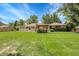 Expansive backyard with lush green grass, patio seating, a pergola swing and an enclosed sunroom at 1091 E Pinewood Ave, Centennial, CO 80121