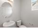 Powder bath featuring a pedestal sink, round mirror and comfort height toilet at 8819 Sedalia St, Commerce City, CO 80022