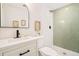 A contemporary bathroom with a sleek vanity, stylish sink, and a green tiled shower at 2988 S Hannibal St, Aurora, CO 80013
