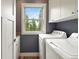Convenient laundry room features a washer, dryer, cabinet storage, and a window with beautiful forest views at 1555 Three Peaks Rd, Golden, CO 80403