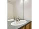 Close up of a bathroom with oak cabinets, neutral countertop, and a large mirror at 22030 Hill Gail Way, Parker, CO 80138