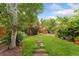 Lush backyard featuring mature trees, grass lawn, and stepping stone pathway at 1215 Jackson St, Denver, CO 80206