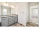 Bathroom features a gray double vanity with granite countertops and wood-look flooring at 1889 Water Birch Way, Castle Rock, CO 80108