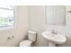 Elegant powder room with pedestal sink, decorative mirror, and modern fixtures in a well-lit space at 1889 Water Birch Way, Castle Rock, CO 80108