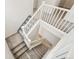 Carpeted staircase with white railing offers a clear view of the home's multi-level layout and design at 1889 Water Birch Way, Castle Rock, CO 80108