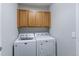 Functional laundry room features overhead cabinets and a modern washer and dryer at 14214 Lakeview Ln, Broomfield, CO 80023