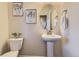 Charming powder room featuring modern fixtures, stylish decor, and a pedestal sink at 25126 E Bayaud Pl, Aurora, CO 80018