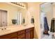 Bathroom featuring double sinks, a large mirror, and a separate tub and toilet room at 6892 Turnstone Ave, Castle Rock, CO 80104