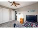 This cozy bedroom has neutral paint and carpet and also features a double door closet at 3685 Roberts St, Mead, CO 80542
