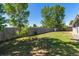 This is a large fenced backyard with trees and grass at 205 Spruce Ave, Lochbuie, CO 80603