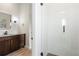 Modern bathroom features white subway tile, glass enclosed shower, gray countertop at 27381 E Lakeview Dr, Aurora, CO 80016