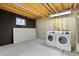 Unfinished basement laundry area with new white washer and dryer at 96 S Lindsey St, Castle Rock, CO 80104