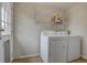Bright laundry room with white washer and dryer, wire shelving, and easy access to outdoor space at 1275 S Wolff St, Denver, CO 80219