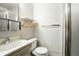 Compact bathroom featuring a vanity, toilet, and shower, with a clean and functional design at 409 Lookout View Dr, Golden, CO 80401