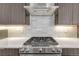 Close-up of a stainless steel range and hood, with modern tile backsplash and quartz countertops at 1231 Newton St, Denver, CO 80204