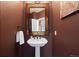 Quaint powder room with pedestal sink, unique mirror, and dark brown walls at 724 Evening Star Dr, Castle Rock, CO 80108