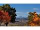 Stunning view of mountains and the city through fall foliage and evergreen trees under a clear blue sky at 724 Evening Star Dr, Castle Rock, CO 80108